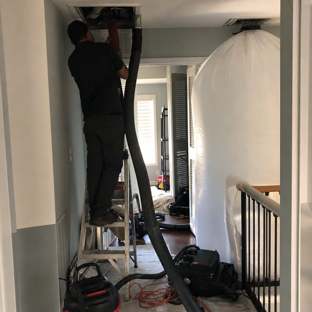 Professional technician performing residential air duct cleaning service with industrial vacuum.