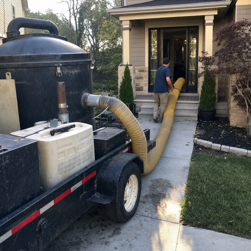 Professional air duct cleaning technician using vacuum equipment at a home entrance