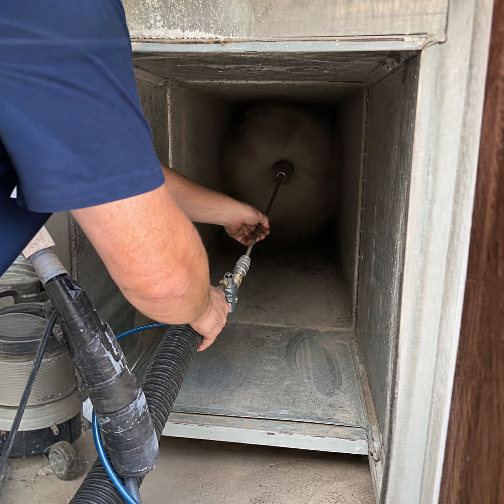 Technician using professional tools for residential air duct cleaning service