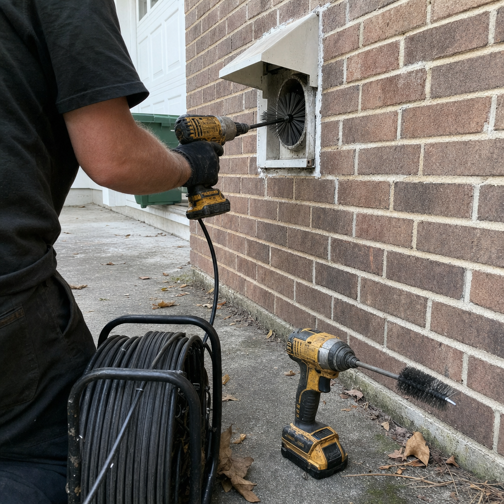 Technician using rotary brush tool for professional dryer vent cleaning service.
