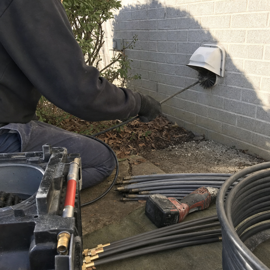 Professional dryer vent cleaning service using a specialized vent brush tool