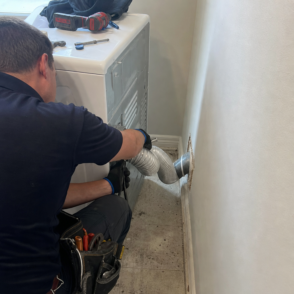Technician connecting dryer vent hose for professional air duct cleaning service