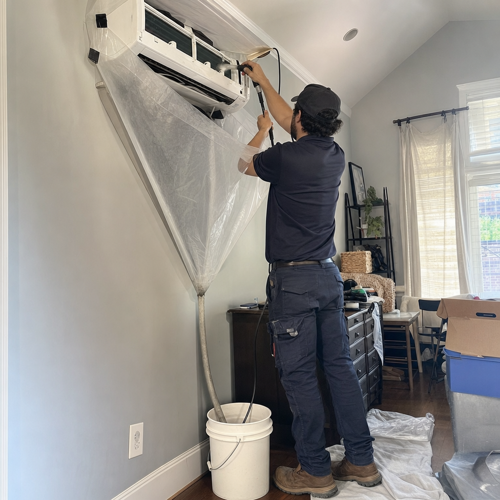 Professional technician performing deep HVAC unit cleaning services