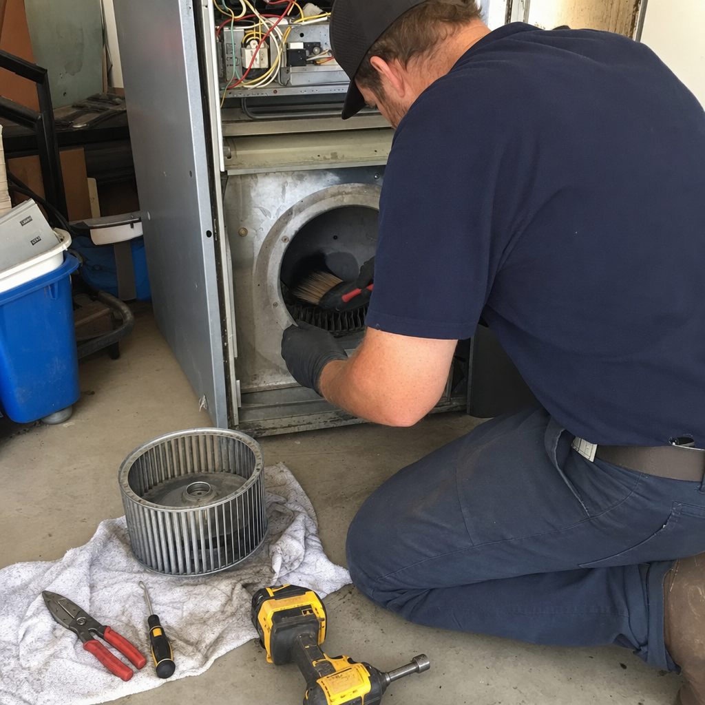 HVAC technician cleaning furnace blower assembly components