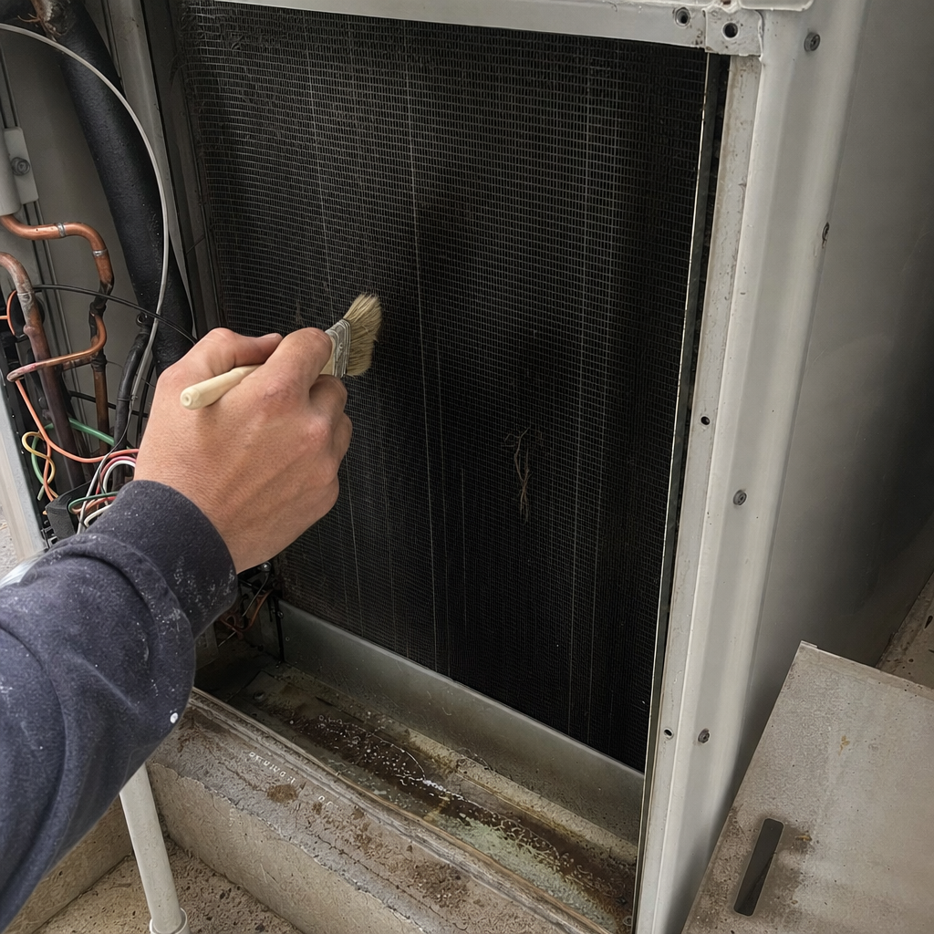 Technician performing professional HVAC coil cleaning with a brush