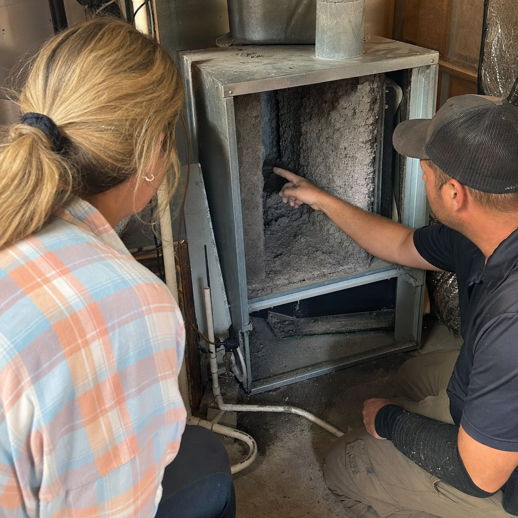 HVAC technician inspecting dirty air duct system for residential maintenance in Nashville, TN
