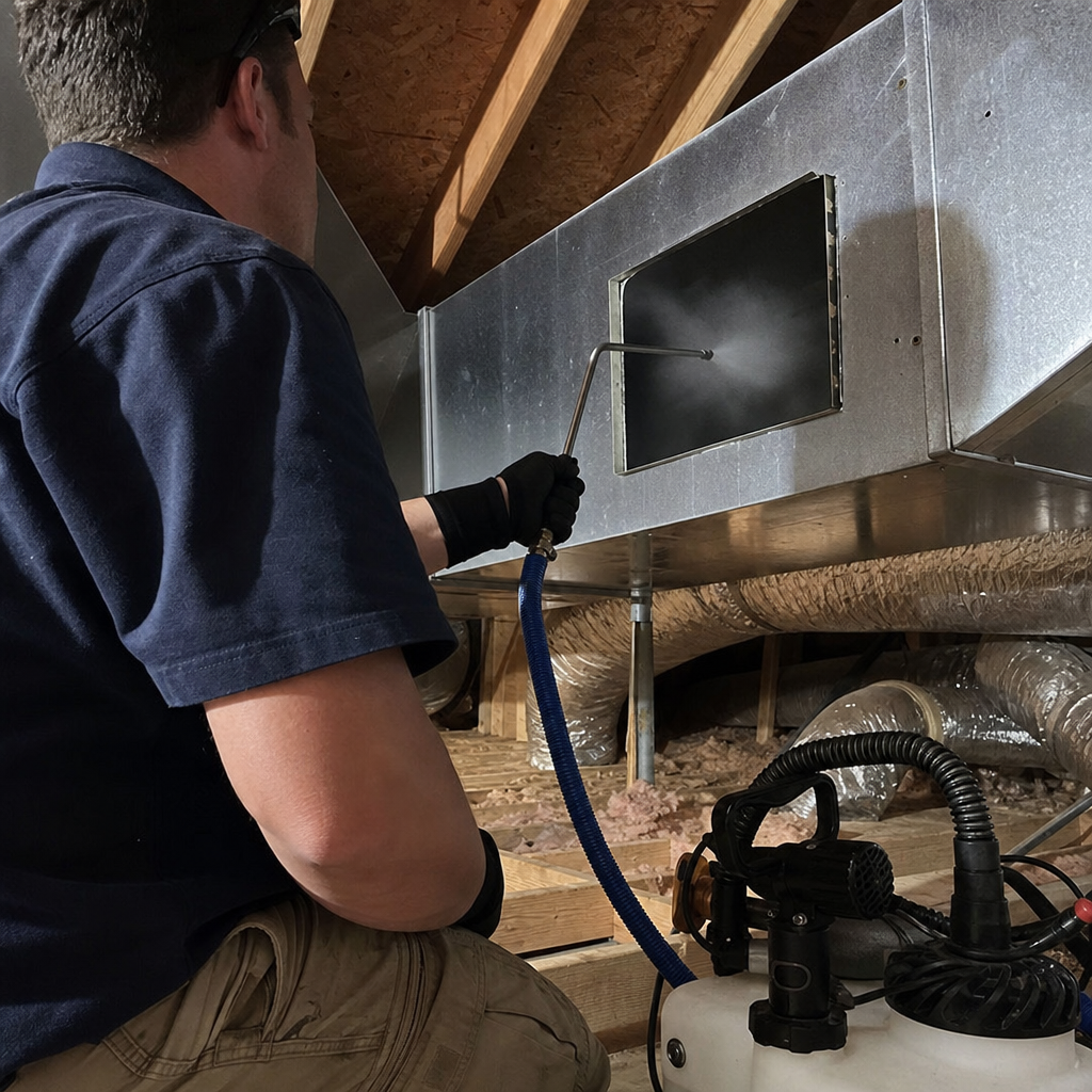 HVAC technician spraying sanitizing solution into air duct system in Nashville, TN