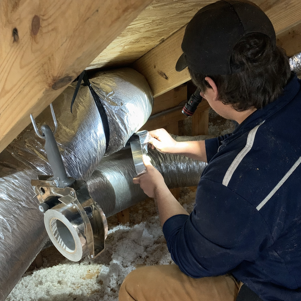 Technician performing professional air duct repair and sealing in an attic in Nashville, TN